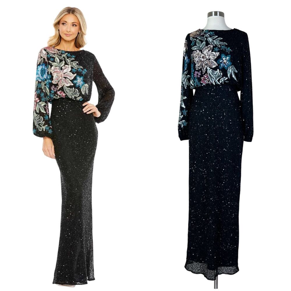 NEW Mac Duggal | Black Floral Long Sleeve High Neck Beaded Gown Formal Dress NWT
